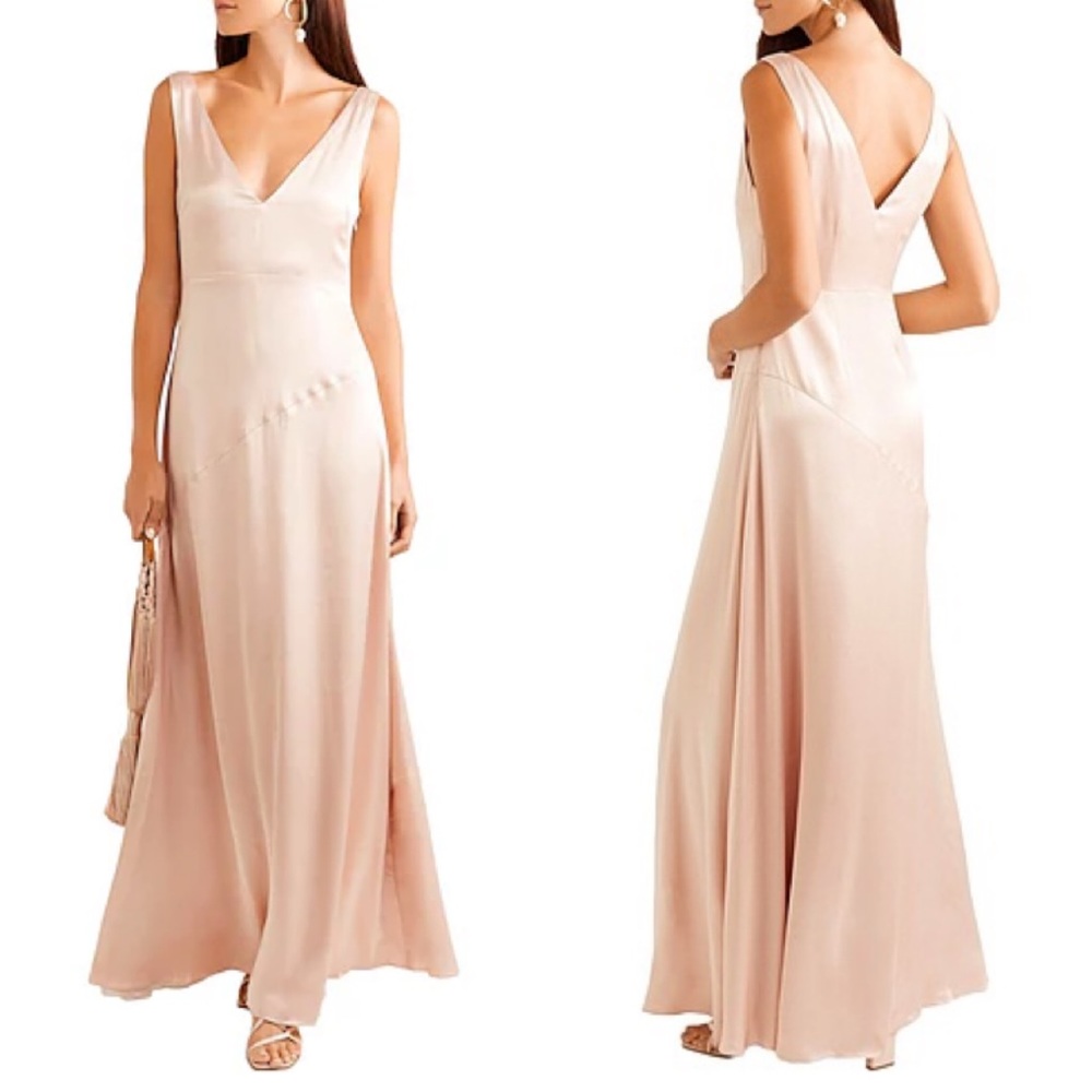 NWT Les Heroines the Wangari satin deep neckline maxi dress/gown with fluted hem